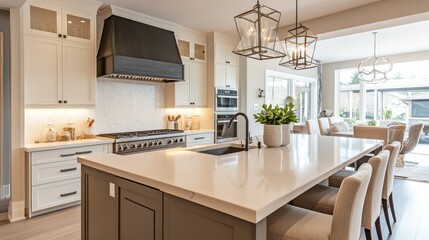 Elegant kitchen with a large island featuring a sink and seating area, high-end appliances, and stylish pendant lighting above the countertop