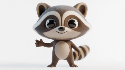 Naklejka premium A cute cartoon raccoon character with a friendly expression and a waving gesture.