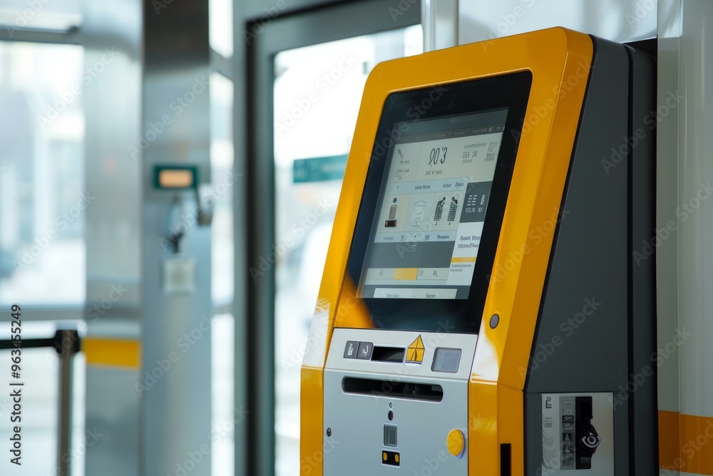 Aufkleber yellow and grey modern self service terminal standing in public place with touch screen display for 
