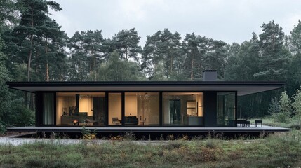Exterior of a minimalist home with a flat roof, large glass windows, and a simple facade, blending seamlessly with its natural surroundings