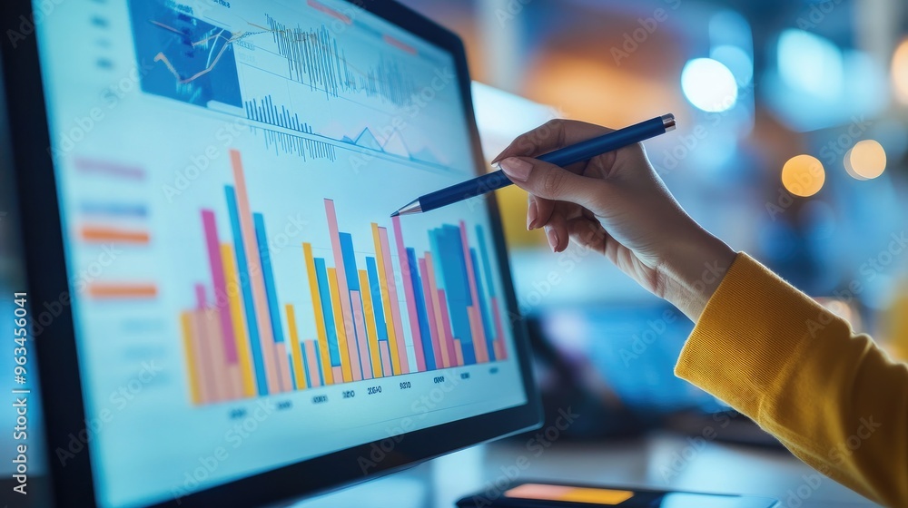 Poster financial analyst using a stylus to interact with a bar chart on a touchscreen monitor, showcasing d
