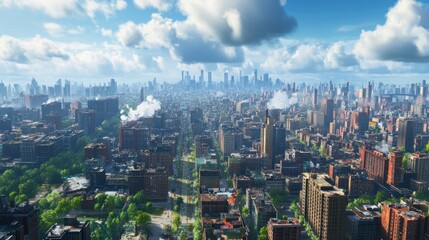 Aerial View of a Dense Cityscape with Puffy Clouds