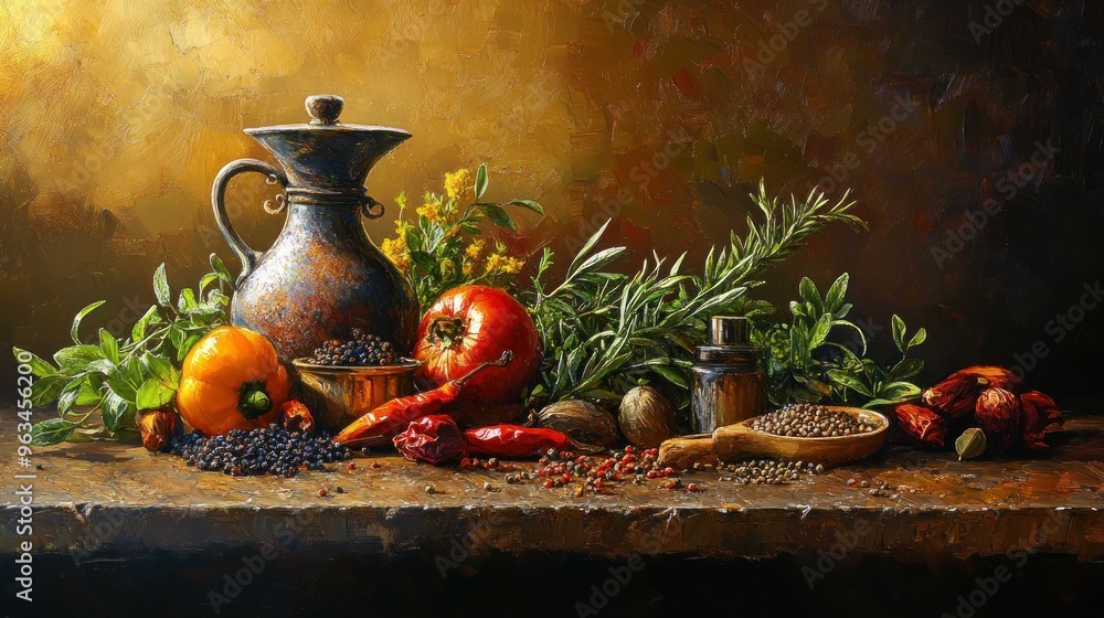 Wall mural Still Life with Spices, Herbs, and a Jug