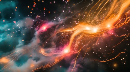 Obraz premium Fireworks exploding in the night sky, with bright, colorful flames and trails creating a festive and celebratory scene