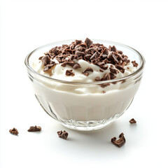 Greek yogurt in a glass bowl mixed with cacao beans isolated on a white background