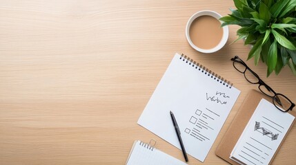 Business plan blueprint on a wooden desk with coffee and glasses