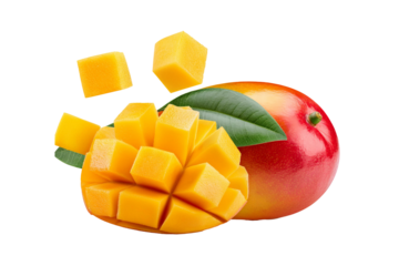 Falling Mango cubes front view with mango and leave Cut out