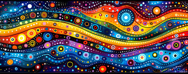 A colorful painting of a wave with many dots and circles. The painting is abstract and has a lot of different colors