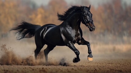 Black Horse Galloping Through Dust