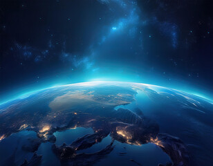 Panoramic view of the Earth, stars and galaxy. Planet Earth, view from space. Space fantasy.
