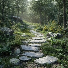 Beautiful forest trail, nature element, hyper-realistic rendering, natural colors, isolated on white background