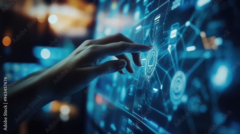 Poster hands interacting with a touchscreen smart device, with visible wireless connection icons and a mode
