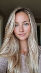 Naklejka premium A woman with long blonde hair is posing for a picture