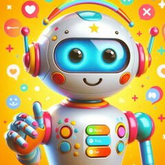 A playful robot with a glowing face interacts with a lively, colorful environment filled with hearts, stars, and icons. The robot's cheerful demeanor and the vibrant background create a fun and