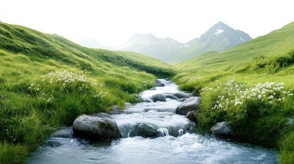 Beautiful mountain stream, nature element, hyper-realistic rendering, natural colors, isolated on white background
