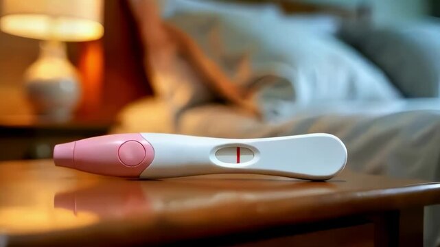  Close-Up of a Negative Pregnancy Test Resting on a Wooden Surface in a Home Setting