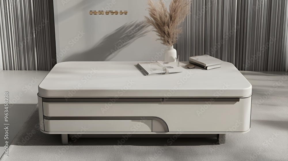 Aufkleber a white coffee table with rounded edges and a single drawer sits on a light gray rug in a modern int