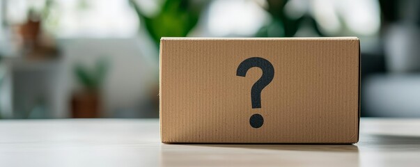 Simple cardboard box marked with a question mark, set in a shadowy room, concept of secrets and surprises, minimalist and thought-provoking