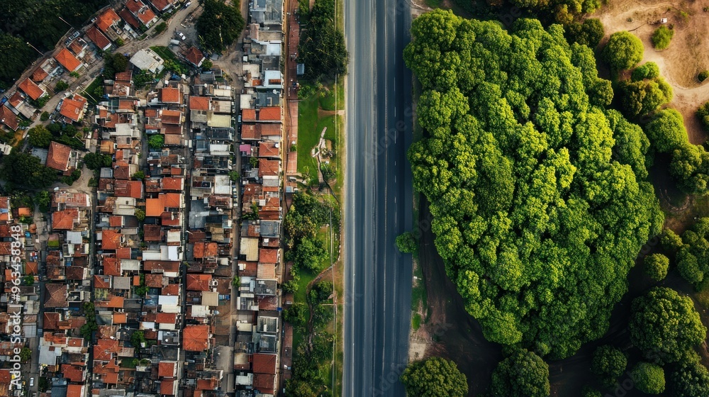 Poster aerial view of a dense urban area separated by a road and a lush forest