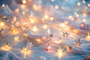 Festive starry string lights on soft white blanket creating cozy atmosphere