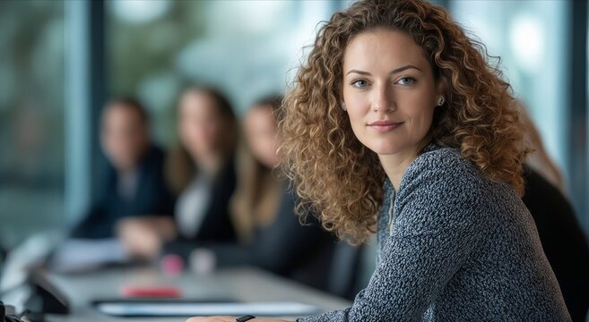 A woman sitting at a table in front of a group of people