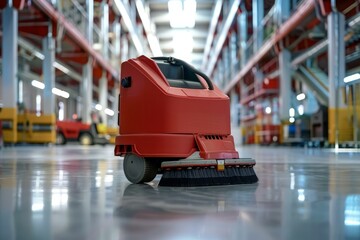 Fototapeta premium Red cleaning machine standing on shiny clean floor in large empty warehouse or factory