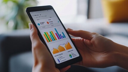 Interactive bar chart displayed on a mobile device, with a businessperson swiping through different data views and analysis options
