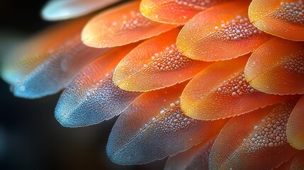 Close-up of orange and blue iridescent scales with tiny water droplets on a textured surface.