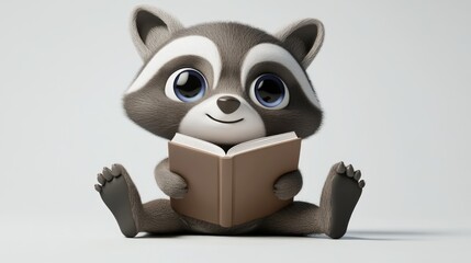 A cute raccoon character happily reading a book.
