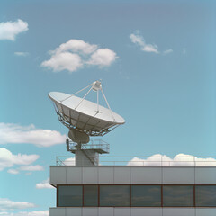 Advanced Satellite Uplink Infrastructure on Modern Building with Blue Sky Backdrop