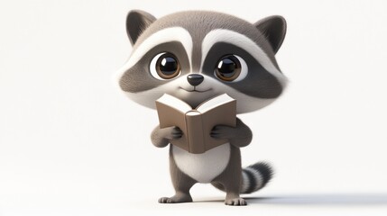A cute raccoon character holding a book, embodying curiosity and playfulness.