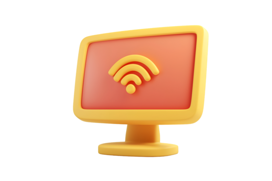 3D Yellow Computer Monitor with Wi-Fi Signal Icon | Isolated on Transparent & White Background | PNG File with Transparency