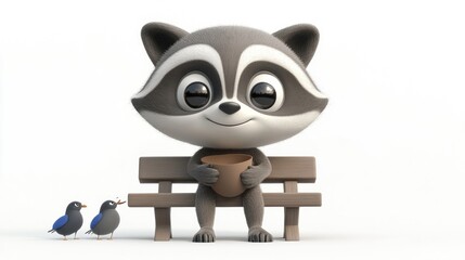 Obraz premium A cute raccoon sits on a bench holding a pot, accompanied by two small birds.