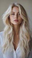 Naklejka premium A woman with long blonde hair is posing for a picture