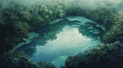 A serene lake nestled amidst a lush, misty forest