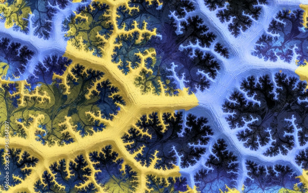 Poster abstract fractal pattern. blue and yellow fractal pattern. complex geometric shapes and intricate de