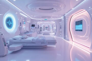 Futuristic High-Tech Medical Facility with Holographic Patient Monitoring and Advanced Robotic Assistants