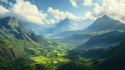 Naklejka premium Picturesque Mountain Valley with Lush Greenery and Cloudy Sky