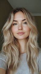 Naklejka premium A woman with long blonde hair is posing for a picture