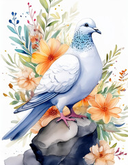Obraz premium White pigeon in colorful flowers. Summer floral composition and bird on white. Wildlife scene