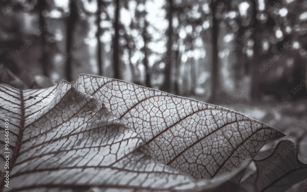 Poster leaf texture forest. close-up of a leaf with detailed veins, showing the intricate structure and bea