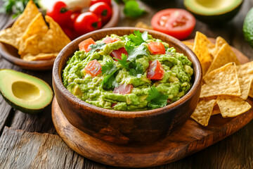 Bowl of guacamole with tomatoes, served with tortilla chips on a wooden platter
