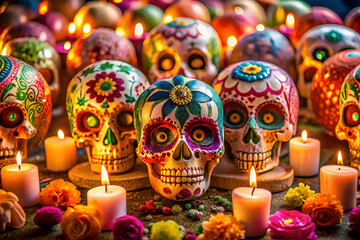 Fototapeta premium A row of colorful skulls with candles in front of them. The skulls are decorated with flowers and the candles are lit. The scene gives off a festive and celebratory mood