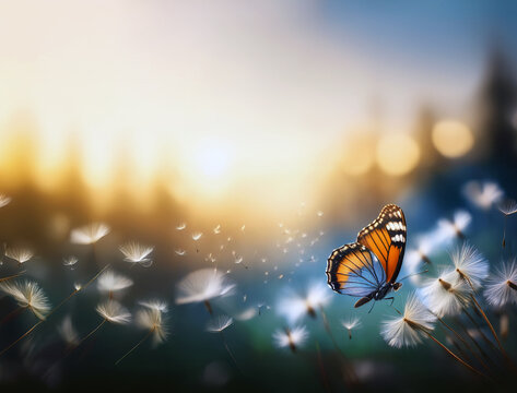 Butterfly flying through a flurry of dandelion seeds