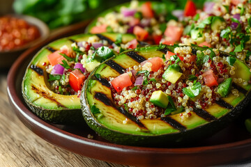 Grilled avocado halves served with quinoa salad, colorful and healthy meal

