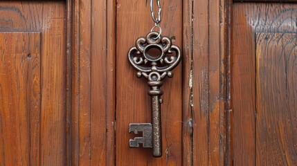 Skeleton key hanging on Solid wood door