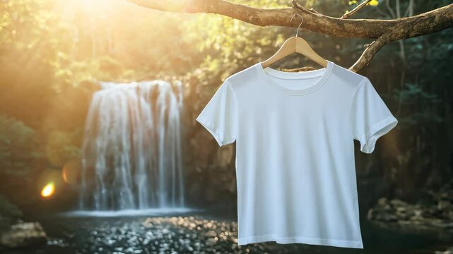 A mockup template design of a white t-shirt, held by wooden hangers at a tree branch.