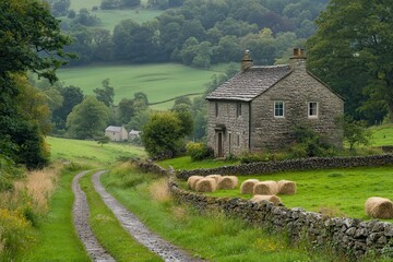 Fototapeta premium A quaint stone farmhouse sits in a lush rural landscape with hay bales, a narrow dirt road, and dense forest in the background, ideal for themes of countryside living, tranquility