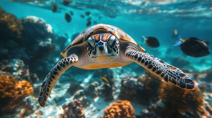 Fototapeta premium A sea turtle swims gracefully underwater surrounded by coral reefs and colorful fish, perfect for marine life, environmental, and aquatic-themed content,