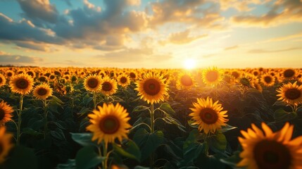 Fototapeta premium A breathtaking field of sunflowers at sunset, with vibrant yellow petals basking in the golden light, ideal for themes of nature, agriculture, summer, and positivity,